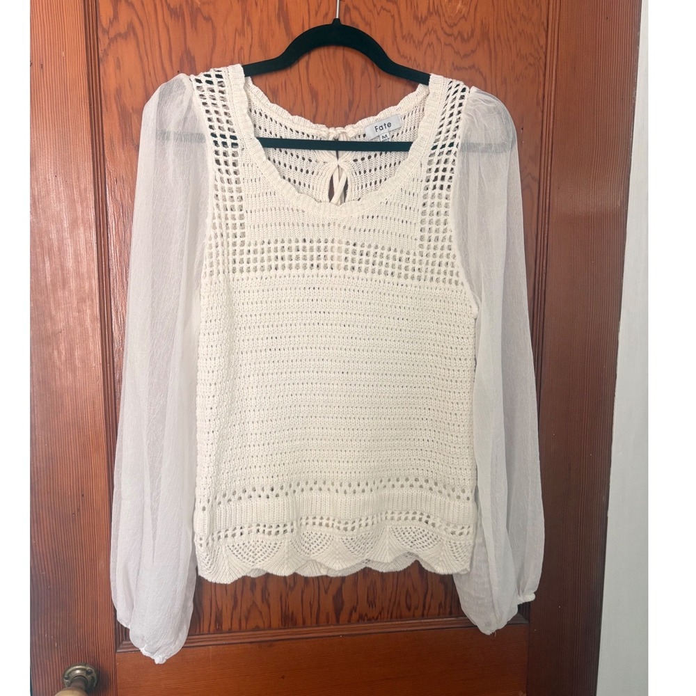 Fate Crochet Knit Sheer Chiffon Balloon Sleeve Tie Back Sweater Top Medium